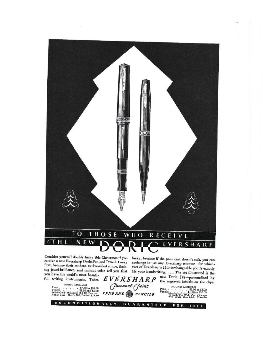 Print Ad Doric Eversharp Pen Pencil Vintage 1930s Christmas Holiday ADVERT